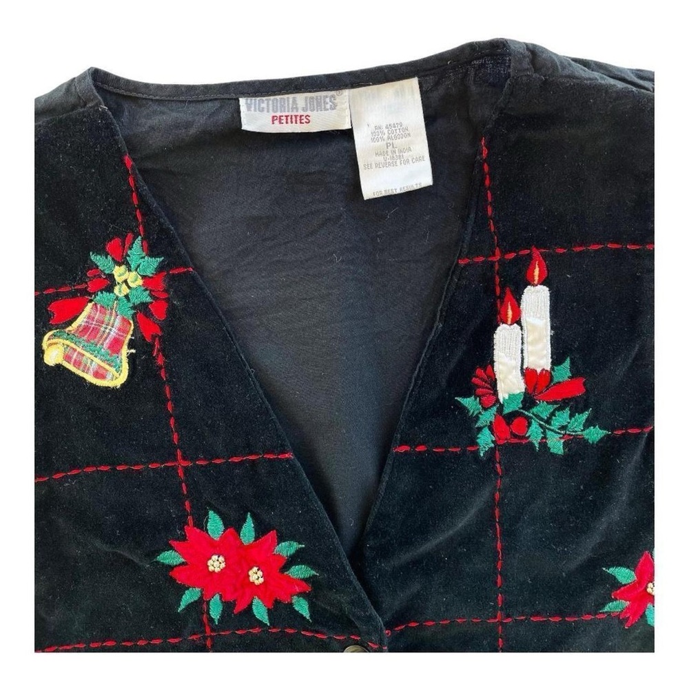 Vintage Victoria Jones Petites Black Velvet Embroidered Christmas Holiday Vest - Picture 2 of 7